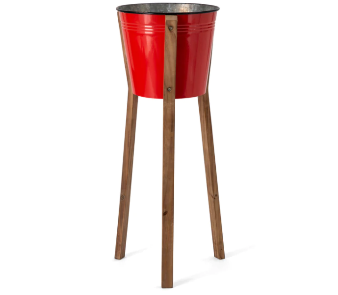 Red Planter On Wood Legs