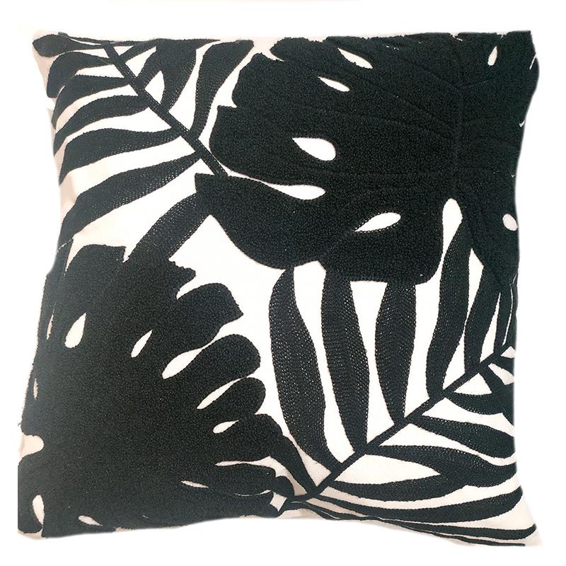 Embroidered Black Leaf Pillow